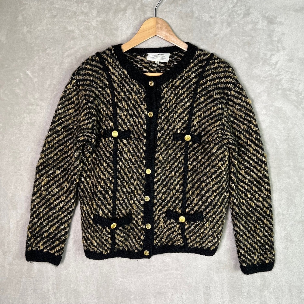 Peruvian Connection Cardigan Sz M Tweed Sweater Gold Button Down Vintage